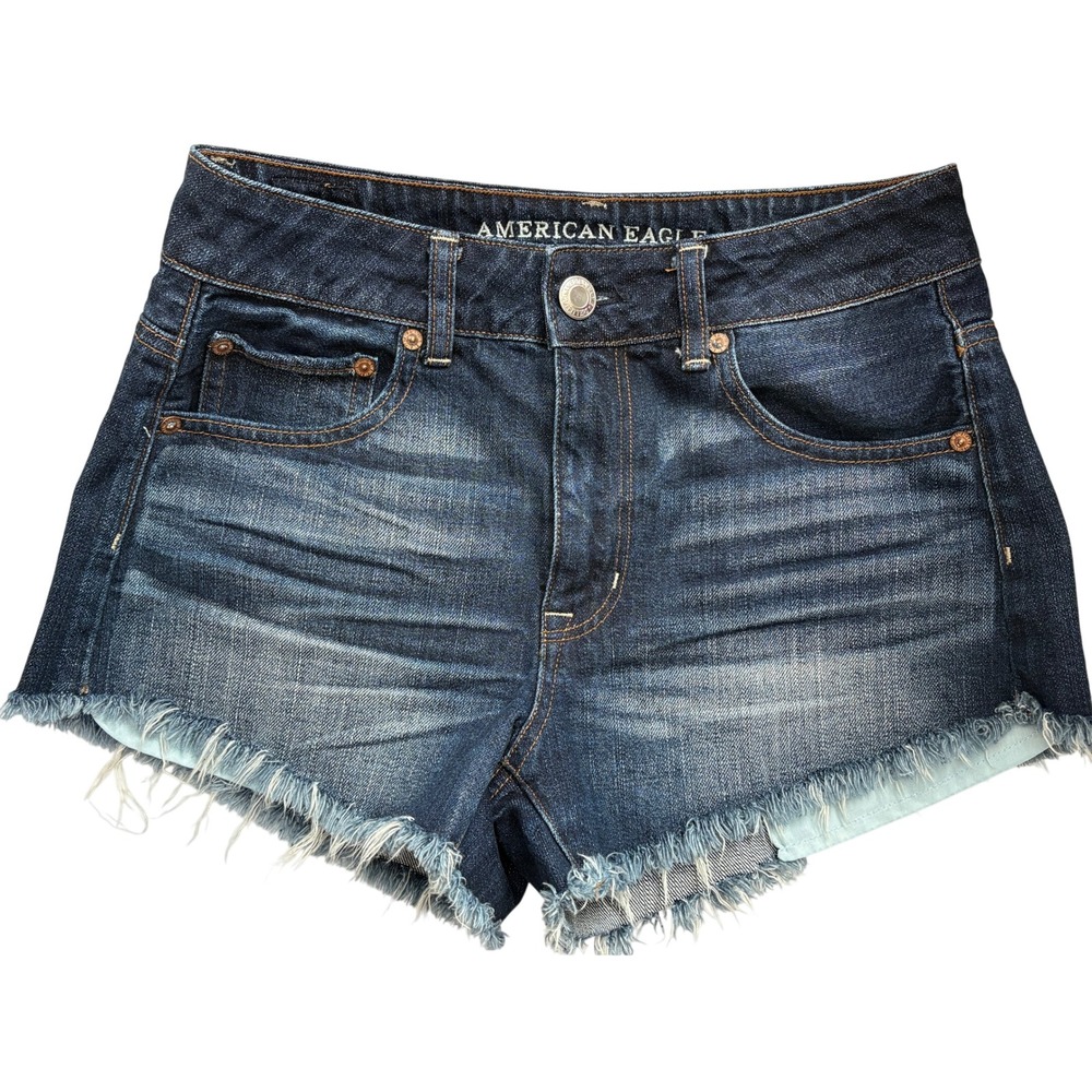 American Eagle Hi-Rise Festival Denim Shorts Dark Wash Frayed Cutoff Women's 4
